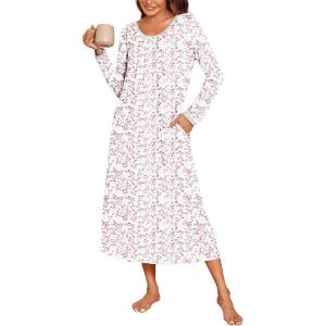 Ekouaer Long Nightgowns for Women Long Sleeve Sleepshirts Loungewear Casual Sleepwear Loose Sleep Dress with Pockets(Pink Flowers)