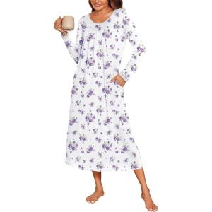 Ekouaer Long Nightgowns for Women Long Sleeve Sleepshirts Loungewear Casual Sleepwear Loose Sleep Dress with Pockets(White With Purple Floral)