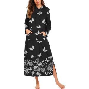 Ekouaer Nightgowns for Women Cotton Nightgown Long Sleeve Hooded Night Gown Contrast Color Full Length Loungewear with Pocket(Black Butterfly)