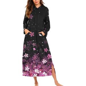 Ekouaer Nightgowns for Women Cotton Nightgown Long Sleeve Hooded Night Gown Contrast Color Full Length Loungewear with Pocket(Black Cherry Blossoms)
