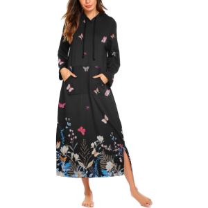 Ekouaer Nightgowns for Women Cotton Nightgown Long Sleeve Hooded Night Gown Contrast Color Full Length Loungewear with Pocket(Black Colorful Butterfly)