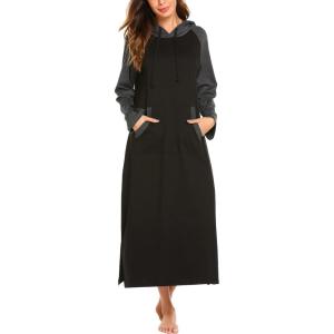 Ekouaer Nightgowns for Women Cotton Nightgown Long Sleeve Hooded Night Gown Contrast Color Full Length Loungewear with Pocket(Black/Grey)