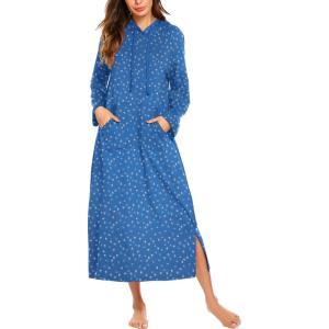 Ekouaer Nightgowns for Women Cotton Nightgown Long Sleeve Hooded Night Gown Contrast Color Full Length Loungewear with Pocket(Blue Dog Footprints)