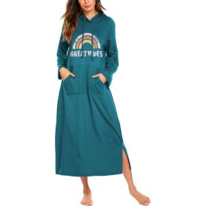 Ekouaer Nightgowns for Women Cotton Nightgown Long Sleeve Hooded Night Gown Contrast Color Full Length Loungewear with Pocket(Blue Green Rainbow)
