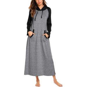 Ekouaer Nightgowns for Women Cotton Nightgown Long Sleeve Hooded Night Gown Contrast Color Full Length Loungewear with Pocket(Dark Grey)