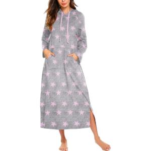 Ekouaer Nightgowns for Women Cotton Nightgown Long Sleeve Hooded Night Gown Contrast Color Full Length Loungewear with Pocket(Grey Pink Stras)