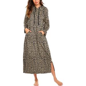 Ekouaer Nightgowns for Women Cotton Nightgown Long Sleeve Hooded Night Gown Contrast Color Full Length Loungewear with Pocket(Leopard)