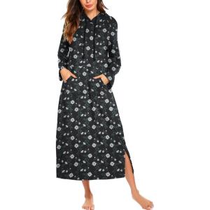 Ekouaer Nightgowns for Women Cotton Nightgown Long Sleeve Hooded Night Gown Contrast Color Full Length Loungewear with Pocket(Navy Flowers)