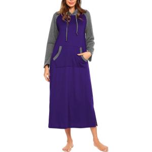 Ekouaer Nightgowns for Women Cotton Nightgown Long Sleeve Hooded Night Gown Contrast Color Full Length Loungewear with Pocket(Purple)