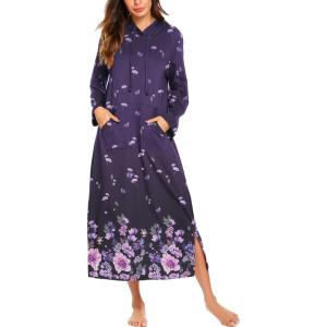 Ekouaer Nightgowns for Women Cotton Nightgown Long Sleeve Hooded Night Gown Contrast Color Full Length Loungewear with Pocket(Purple Flower)