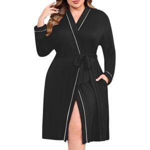Ekouaer Plus Size Robes for Women Lightweight Bathrobe V Neck Kimono Loungewear Soft Maternity Robes with Pockets 1X-5X(Black)