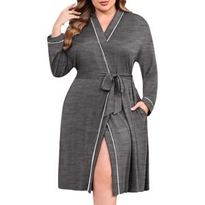 Ekouaer Plus Size Robes for Women Lightweight Bathrobe V Neck Kimono Loungewear Soft Maternity Robes with Pockets 1X-5X(Dark Gray)