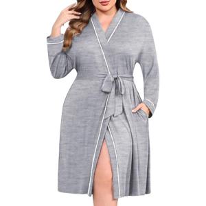 Ekouaer Plus Size Robes for Women Lightweight Bathrobe V Neck Kimono Loungewear Soft Maternity Robes with Pockets 1X-5X(Light Gray)