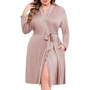 Ekouaer Plus Size Robes for Women Lightweight Bathrobe V Neck Kimono Loungewear Soft Maternity Robes with Pockets 1X-5X(Pink)