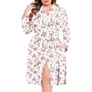 Ekouaer Plus Size Robes for Women Lightweight Bathrobe V Neck Kimono Loungewear Soft Maternity Robes with Pockets 1X-5X(White/Pink Flowers)