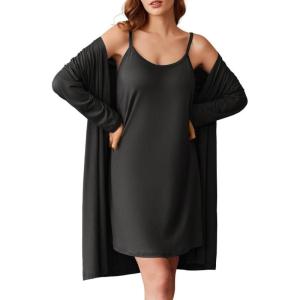 Ekouaer Robe Sets for Women 2 Pieces Nightgown Long Sleeves Bathrobe Soft Sleepwear 2025 S-2XL(Black)