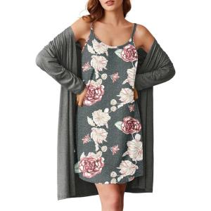 Ekouaer Robe Sets for Women 2 Pieces Nightgown Long Sleeves Bathrobe Soft Sleepwear 2025 S-2XL(Grey Pink Floral)