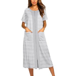 Ekouaer Robes For Women Zipper Front Bathrobe Short Sleeve House Coat Long Nightgown With Pockets Soft Loungewear(A-white)