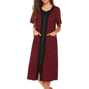 Ekouaer Robes For Women Zipper Front Bathrobe Short Sleeve House Coat Long Nightgown With Pockets Soft Loungewear(Black&red)
