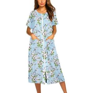 Ekouaer Robes For Women Zipper Front Bathrobe Short Sleeve House Coat Long Nightgown With Pockets Soft Loungewear(Blue Green Leaves)