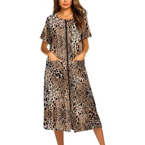 Ekouaer Robes For Women Zipper Front Bathrobe Short Sleeve House Coat Long Nightgown With Pockets Soft Loungewear(Brown Leopard Print)