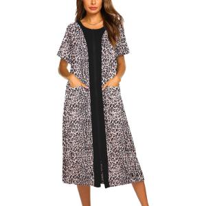 Ekouaer Robes For Women Zipper Front Bathrobe Short Sleeve House Coat Long Nightgown With Pockets Soft Loungewear(Leopard Print)