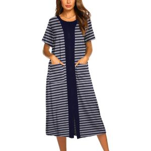 Ekouaer Robes For Women Zipper Front Bathrobe Short Sleeve House Coat Long Nightgown With Pockets Soft Loungewear(Navy Blue)
