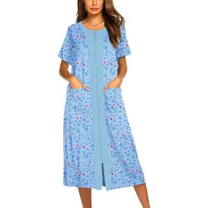 Ekouaer Robes For Women Zipper Front Bathrobe Short Sleeve House Coat Long Nightgown With Pockets Soft Loungewear(Pat13)