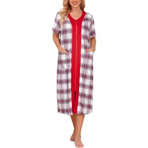 Ekouaer Robes For Women Zipper Front Bathrobe Short Sleeve House Coat Long Nightgown With Pockets Soft Loungewear(Pat6)