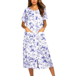 Ekouaer Robes For Women Zipper Front Bathrobe Short Sleeve House Coat Long Nightgown With Pockets Soft Loungewear(Purple Watercolor Flowers)