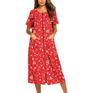 Ekouaer Robes For Women Zipper Front Bathrobe Short Sleeve House Coat Long Nightgown With Pockets Soft Loungewear(Red Christmas Tree)