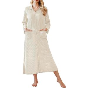 Ekouaer Waffle Robes for Women Long Zipper Bathrobes Lightweight House Coat Soft Sleepwear with Pockets Loungewear S-XXL(Beige)