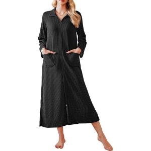 Ekouaer Waffle Robes for Women Long Zipper Bathrobes Lightweight House Coat Soft Sleepwear with Pockets Loungewear S-XXL(Black)