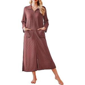 Ekouaer Waffle Robes for Women Long Zipper Bathrobes Lightweight House Coat Soft Sleepwear with Pockets Loungewear S-XXL(Caramel)