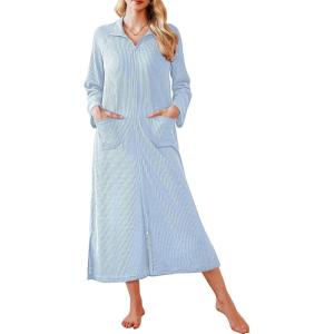 Ekouaer Waffle Robes for Women Long Zipper Bathrobes Lightweight House Coat Soft Sleepwear with Pockets Loungewear S-XXL(Clear Blue)