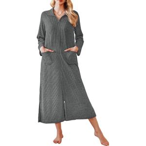 Ekouaer Waffle Robes for Women Long Zipper Bathrobes Lightweight House Coat Soft Sleepwear with Pockets Loungewear S-XXL(Deep Gray)