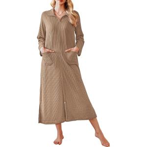 Ekouaer Waffle Robes for Women Long Zipper Bathrobes Lightweight House Coat Soft Sleepwear with Pockets Loungewear S-XXL(Khaki)