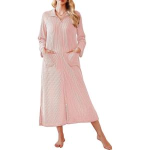 Ekouaer Waffle Robes for Women Long Zipper Bathrobes Lightweight House Coat Soft Sleepwear with Pockets Loungewear S-XXL(Light Pink)