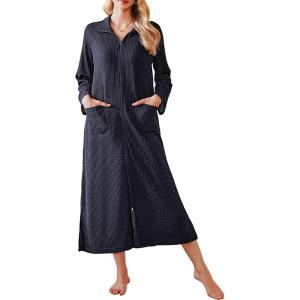 Ekouaer Waffle Robes for Women Long Zipper Bathrobes Lightweight House Coat Soft Sleepwear with Pockets Loungewear S-XXL(Navy Blue)