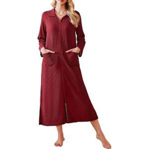 Ekouaer Waffle Robes for Women Long Zipper Bathrobes Lightweight House Coat Soft Sleepwear with Pockets Loungewear S-XXL(Wine Red)