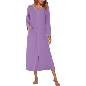 Ekouaer Women Long House Coat Zipper Front Robes Full Length Nightgowns with Pockets Ladies Loungewear S-4XL