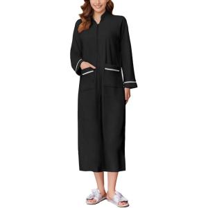 Ekouaer Women Robe Long Sleeve Zipper Housecoat Knee Length Loungewear Fleece Bathrobe with Pockets Black XL