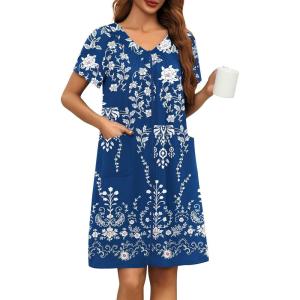 Ekouaer Women Robe Zipper Front Mumu Duster Robes Zip Up Housecoat Soft Sleepwear with Pockets(Floral Navy White)