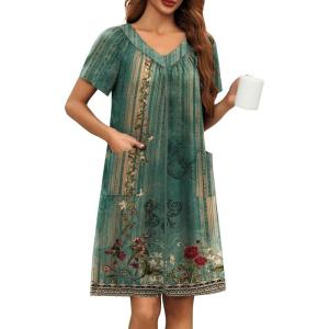 Ekouaer Women Robe Zipper Front Mumu Duster Robes Zip Up Housecoat Soft Sleepwear with Pockets(Green Ethnic Floral)