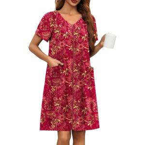 Ekouaer Women Robe Zipper Front Mumu Duster Robes Zip Up Housecoat Soft Sleepwear with Pockets(Red Floral)
