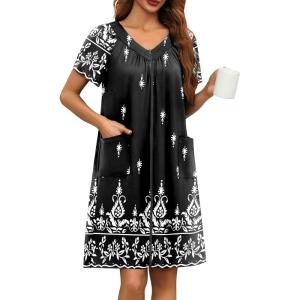 Ekouaer Women Robe Zipper Front Mumu Duster Robes Zip Up Housecoat Soft Sleepwear with Pockets(White Black Floral)