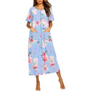 Ekouaer Women Robes Zipper Front Short Sleeve Full Length Housecoat with Pockets Loungewear S-4XL(B-blue Fower)