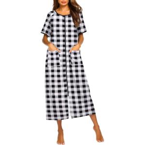 Ekouaer Women Robes Zipper Front Short Sleeve Full Length Housecoat with Pockets Loungewear S-4XL(Black Plaid)