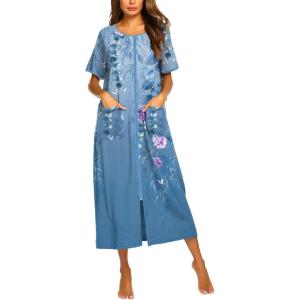 Ekouaer Women Robes Zipper Front Short Sleeve Full Length Housecoat with Pockets Loungewear S-4XL(Blue Continuous Flowers)