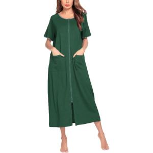 Ekouaer Women Robes Zipper Front Short Sleeve Full Length Housecoat with Pockets Loungewear S-4XL(Dark Green)